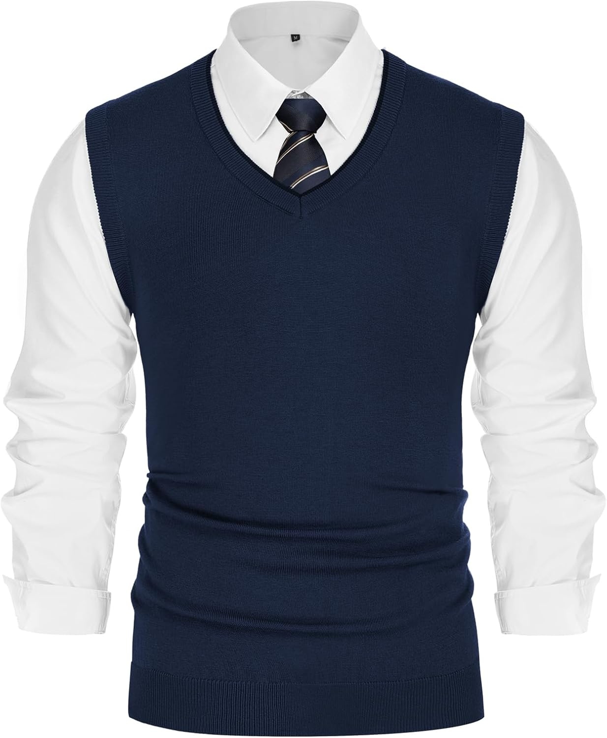 image:imagePJ PAUL JONES Mens Sweater Vest Wool Blended Knit Pullover Vests Casual Contrast Vneck Collar Ribbed Hem Regular Fit Sleeveless Merino Solid Color Soft Cozy Basic Versatile DurableNavy Blue