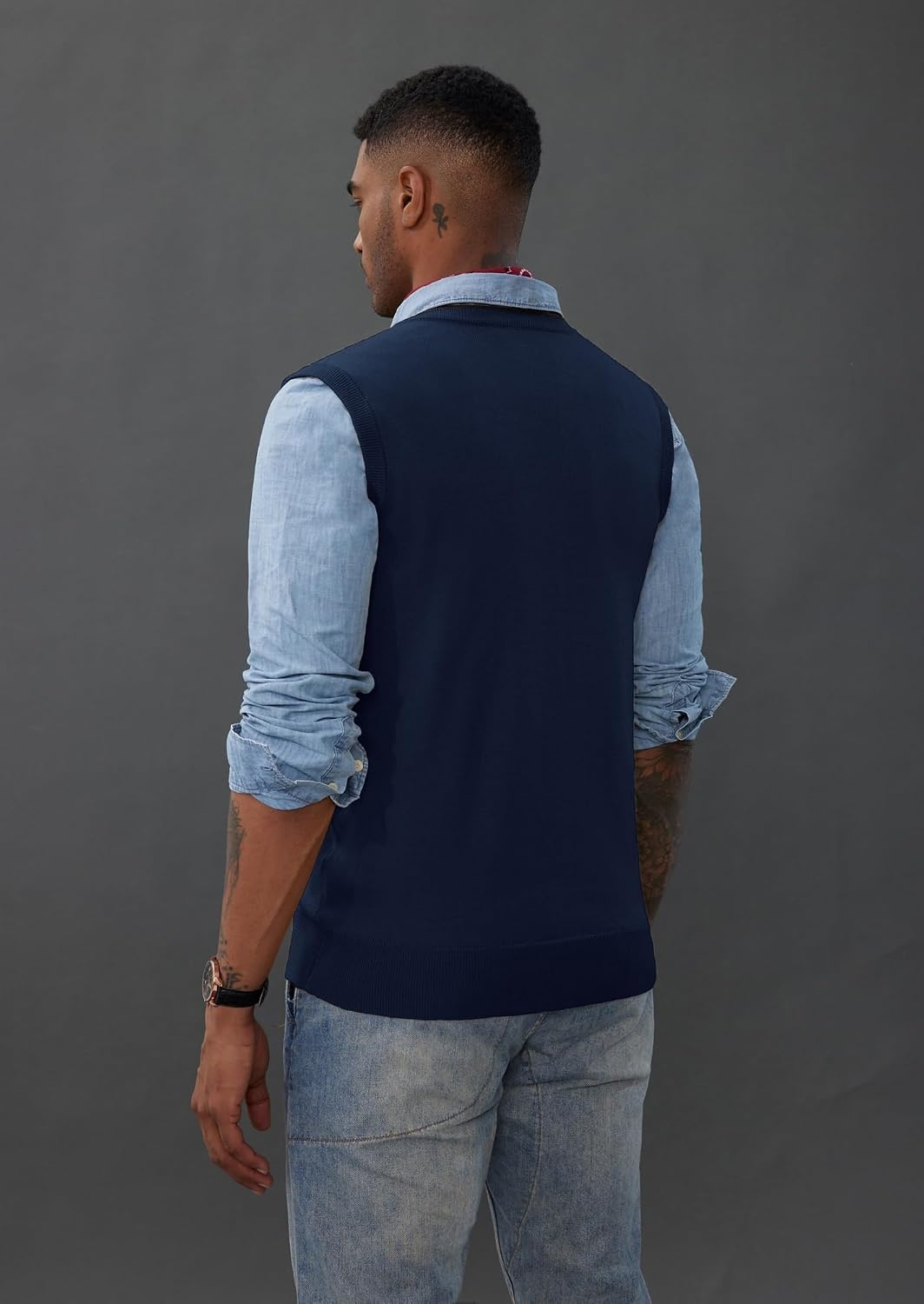 image:imagePJ PAUL JONES Mens Sweater Vest Wool Blended Knit Pullover Vests Casual Contrast Vneck Collar Ribbed Hem Regular Fit Sleeveless Merino Solid Color Soft Cozy Basic Versatile DurableNavy Blue