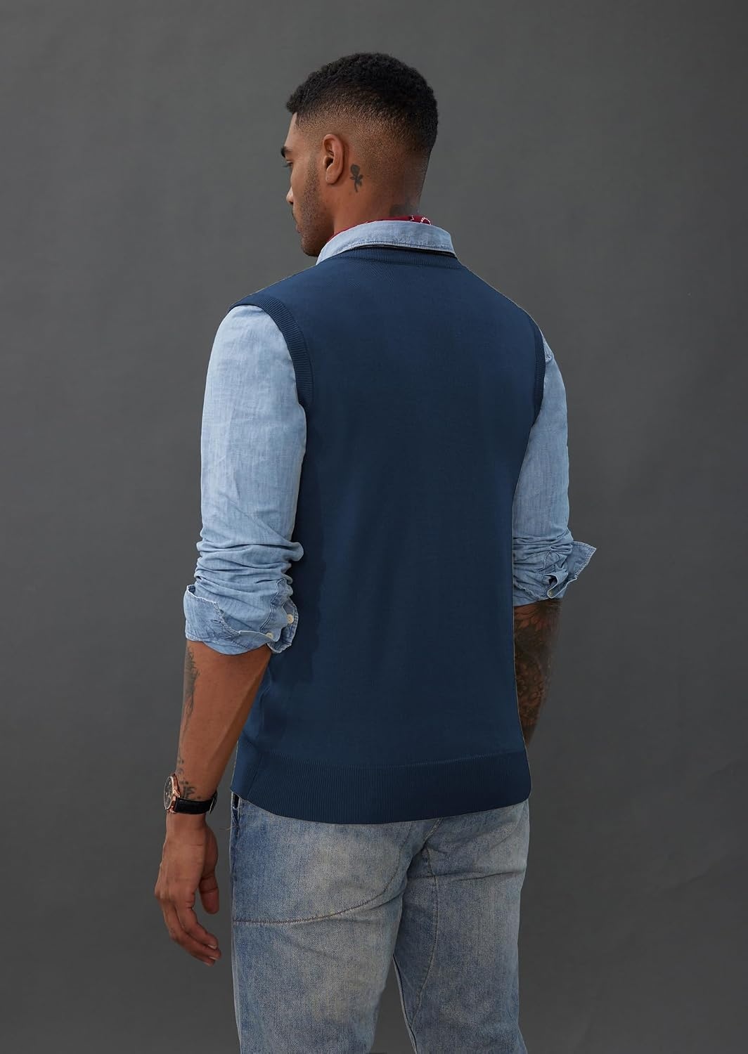 image:imagePJ PAUL JONES Mens Sweater Vest Wool Blended Knit Pullover Vests Casual Contrast Vneck Collar Ribbed Hem Regular Fit Sleeveless Merino Solid Color Soft Cozy Basic Versatile DurableDenim Blue