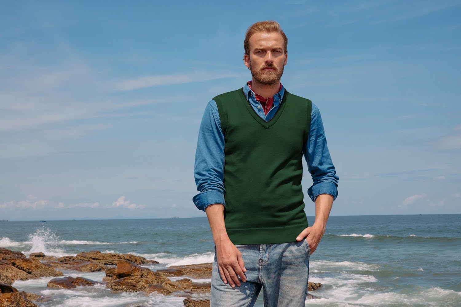 image:imagePJ PAUL JONES Mens Sweater Vest Wool Blended Knit Pullover Vests Casual Contrast Vneck Collar Ribbed Hem Regular Fit Sleeveless Merino Solid Color Soft Cozy Basic Versatile DurableGreen