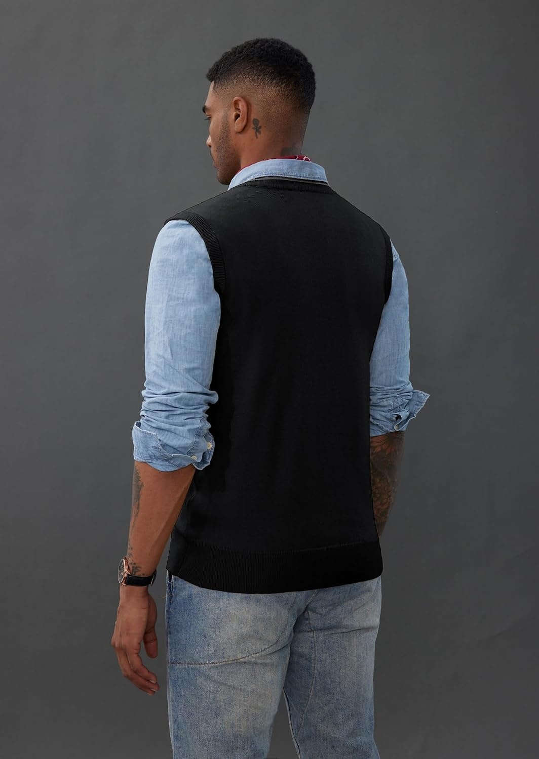image:imagePJ PAUL JONES Mens Sweater Vest Wool Blended Knit Pullover Vests Casual Contrast Vneck Collar Ribbed Hem Regular Fit Sleeveless Merino Solid Color Soft Cozy Basic Versatile DurableBlack