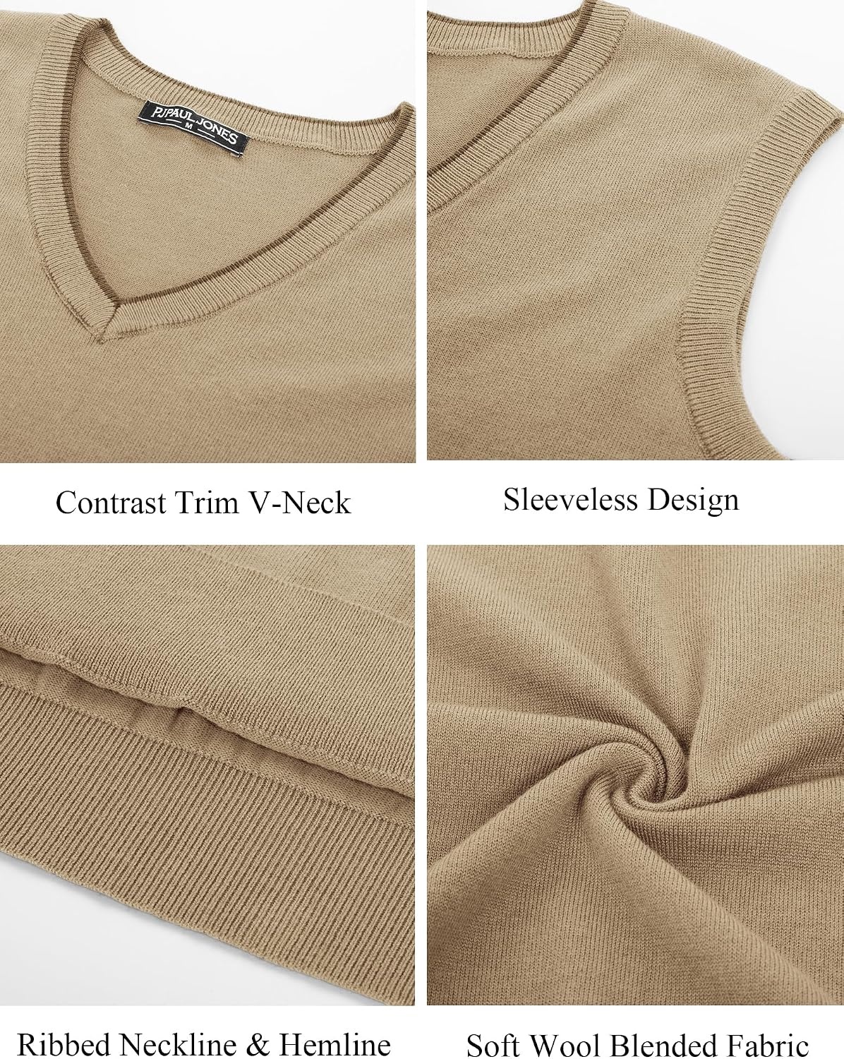 image:imagePJ PAUL JONES Mens Sweater Vest Wool Blended Knit Pullover Vests Casual Contrast Vneck Collar Ribbed Hem Regular Fit Sleeveless Merino Solid Color Soft Cozy Basic Versatile DurableLight Tan