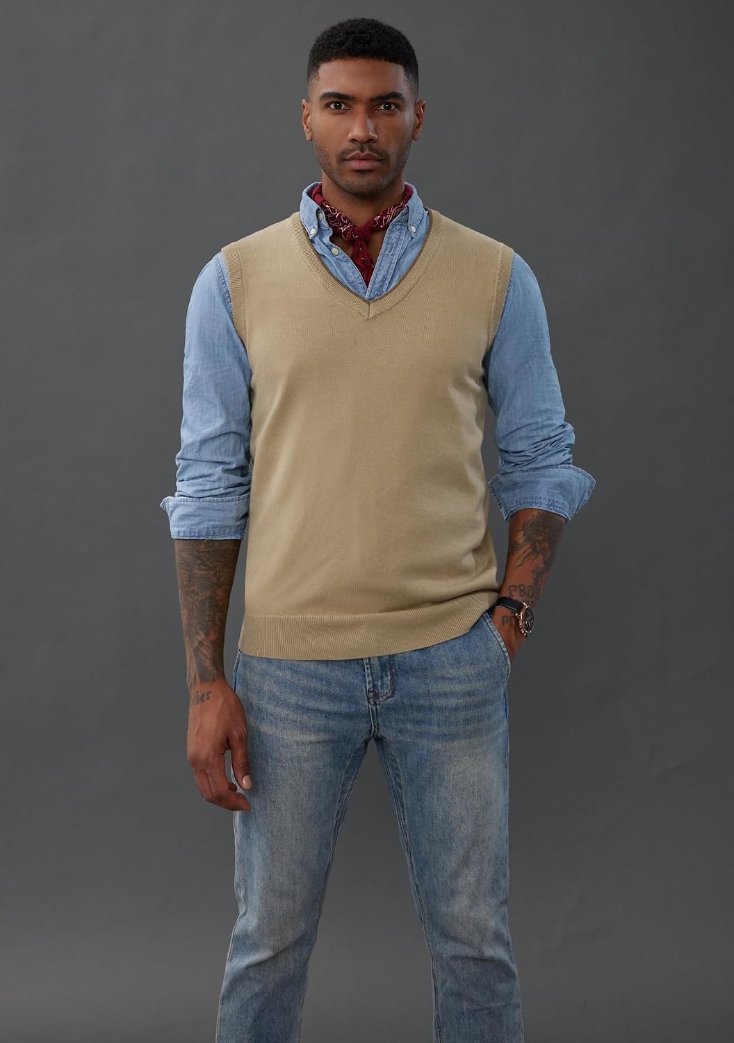 image:imagePJ PAUL JONES Mens Sweater Vest Wool Blended Knit Pullover Vests Casual Contrast Vneck Collar Ribbed Hem Regular Fit Sleeveless Merino Solid Color Soft Cozy Basic Versatile DurableLight Tan