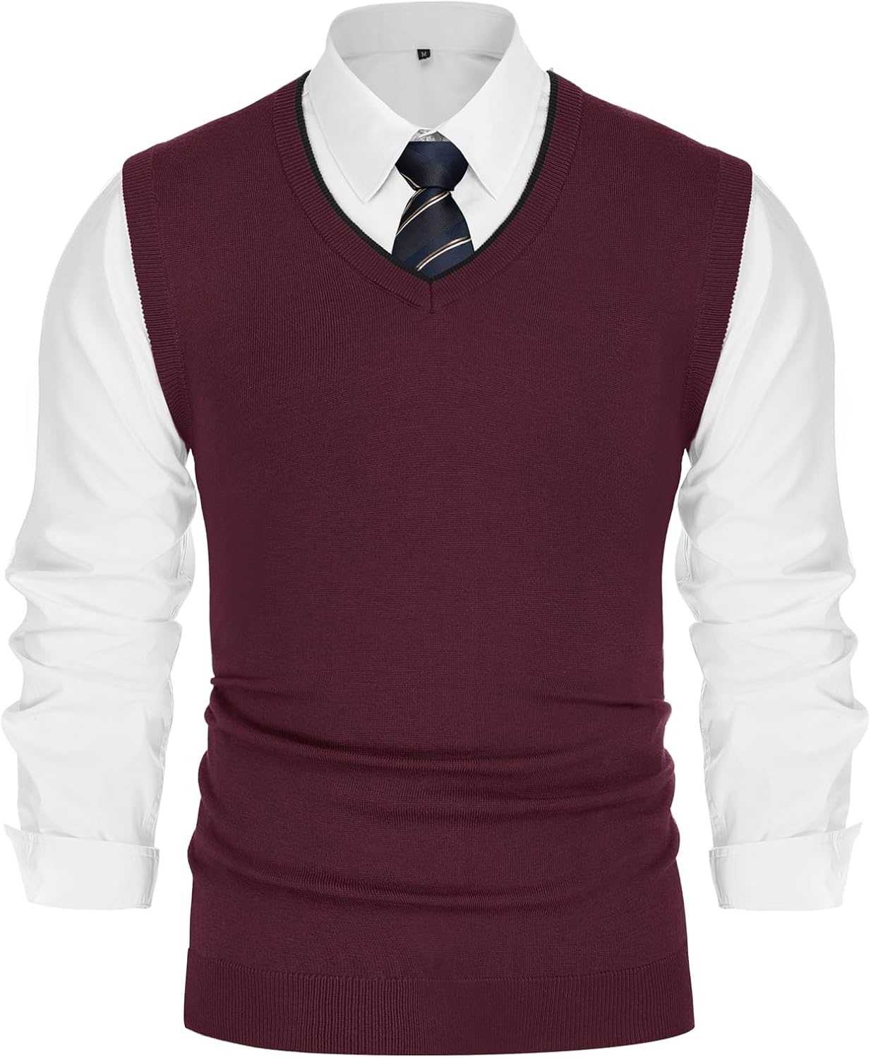 image:imagePJ PAUL JONES Mens Sweater Vest Wool Blended Knit Pullover Vests Casual Contrast Vneck Collar Ribbed Hem Regular Fit Sleeveless Merino Solid Color Soft Cozy Basic Versatile DurableBurgundy