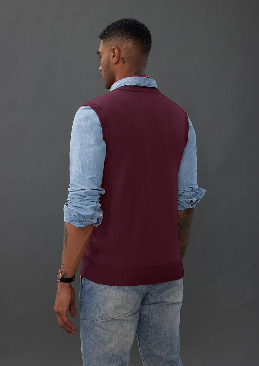 image:imagePJ PAUL JONES Mens Sweater Vest Wool Blended Knit Pullover Vests Casual Contrast Vneck Collar Ribbed Hem Regular Fit Sleeveless Merino Solid Color Soft Cozy Basic Versatile DurableBurgundy