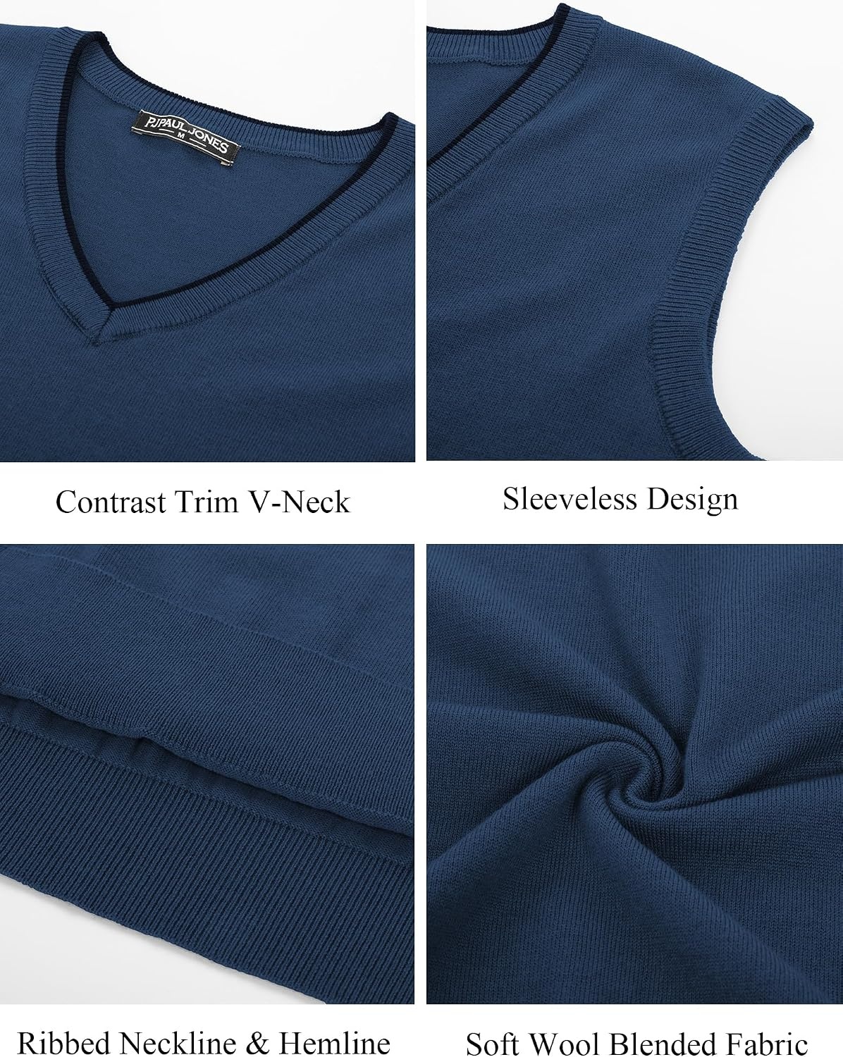 image:imagePJ PAUL JONES Mens Sweater Vest Wool Blended Knit Pullover Vests Casual Contrast Vneck Collar Ribbed Hem Regular Fit Sleeveless Merino Solid Color Soft Cozy Basic Versatile DurableDenim Blue