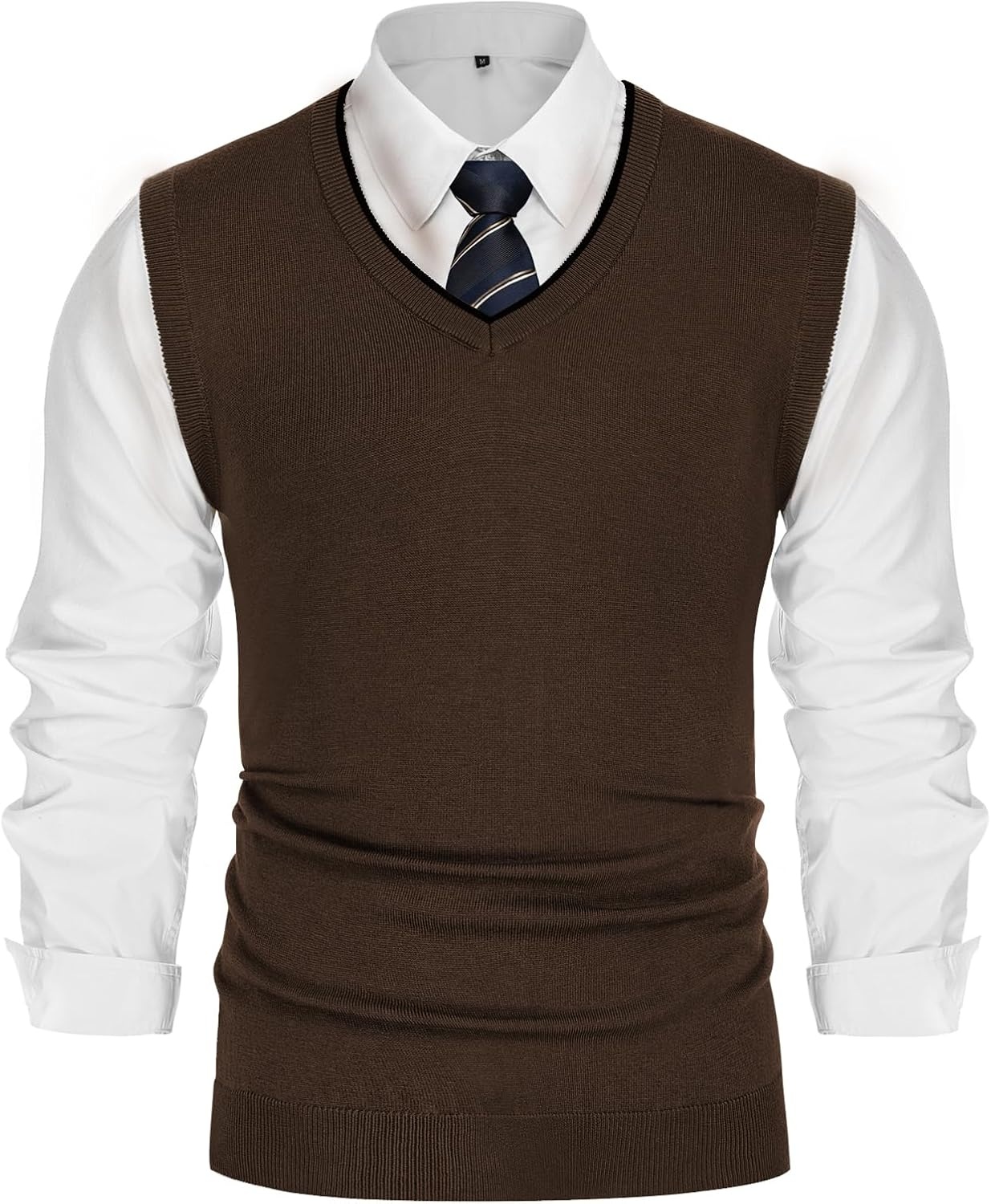 image:imagePJ PAUL JONES Mens Sweater Vest Wool Blended Knit Pullover Vests Casual Contrast Vneck Collar Ribbed Hem Regular Fit Sleeveless Merino Solid Color Soft Cozy Basic Versatile DurableCoffee