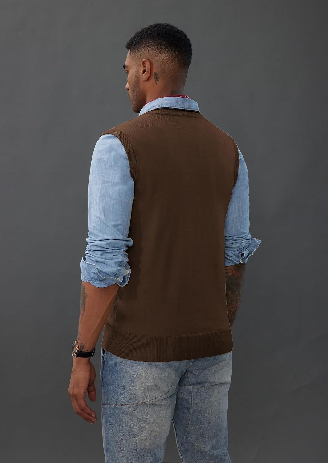image:imagePJ PAUL JONES Mens Sweater Vest Wool Blended Knit Pullover Vests Casual Contrast Vneck Collar Ribbed Hem Regular Fit Sleeveless Merino Solid Color Soft Cozy Basic Versatile DurableCoffee