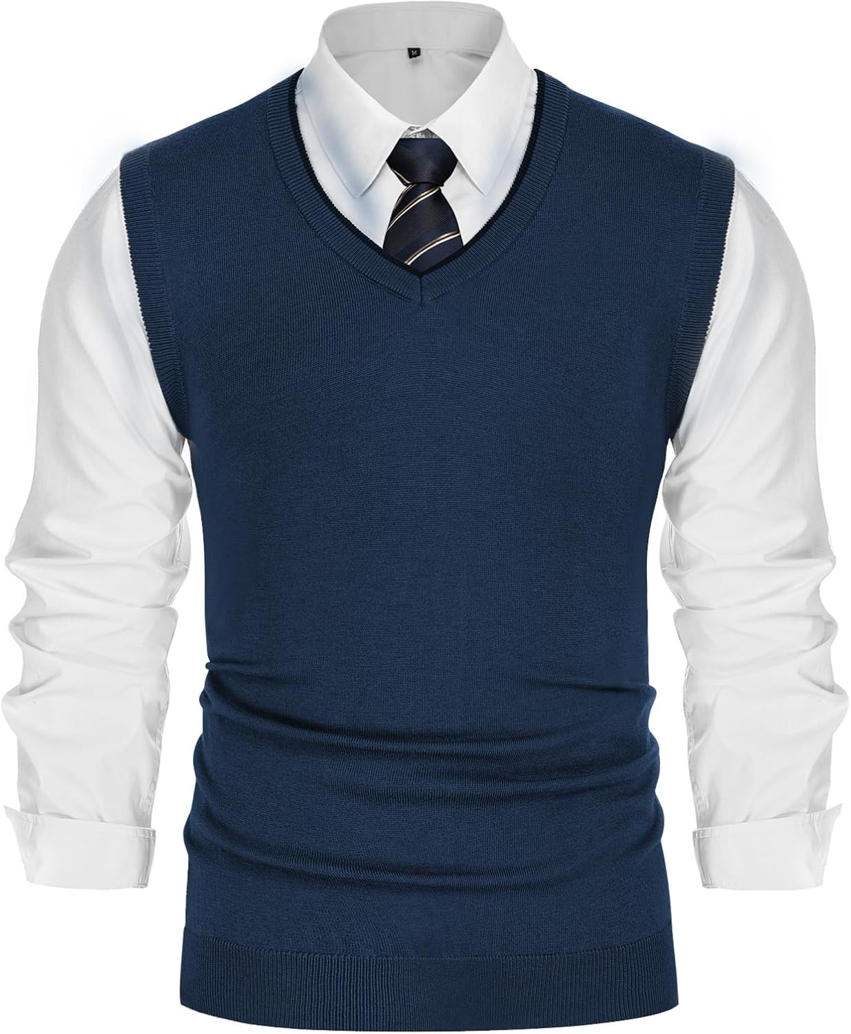 image:imagePJ PAUL JONES Mens Sweater Vest Wool Blended Knit Pullover Vests Casual Contrast Vneck Collar Ribbed Hem Regular Fit Sleeveless Merino Solid Color Soft Cozy Basic Versatile DurableDenim Blue