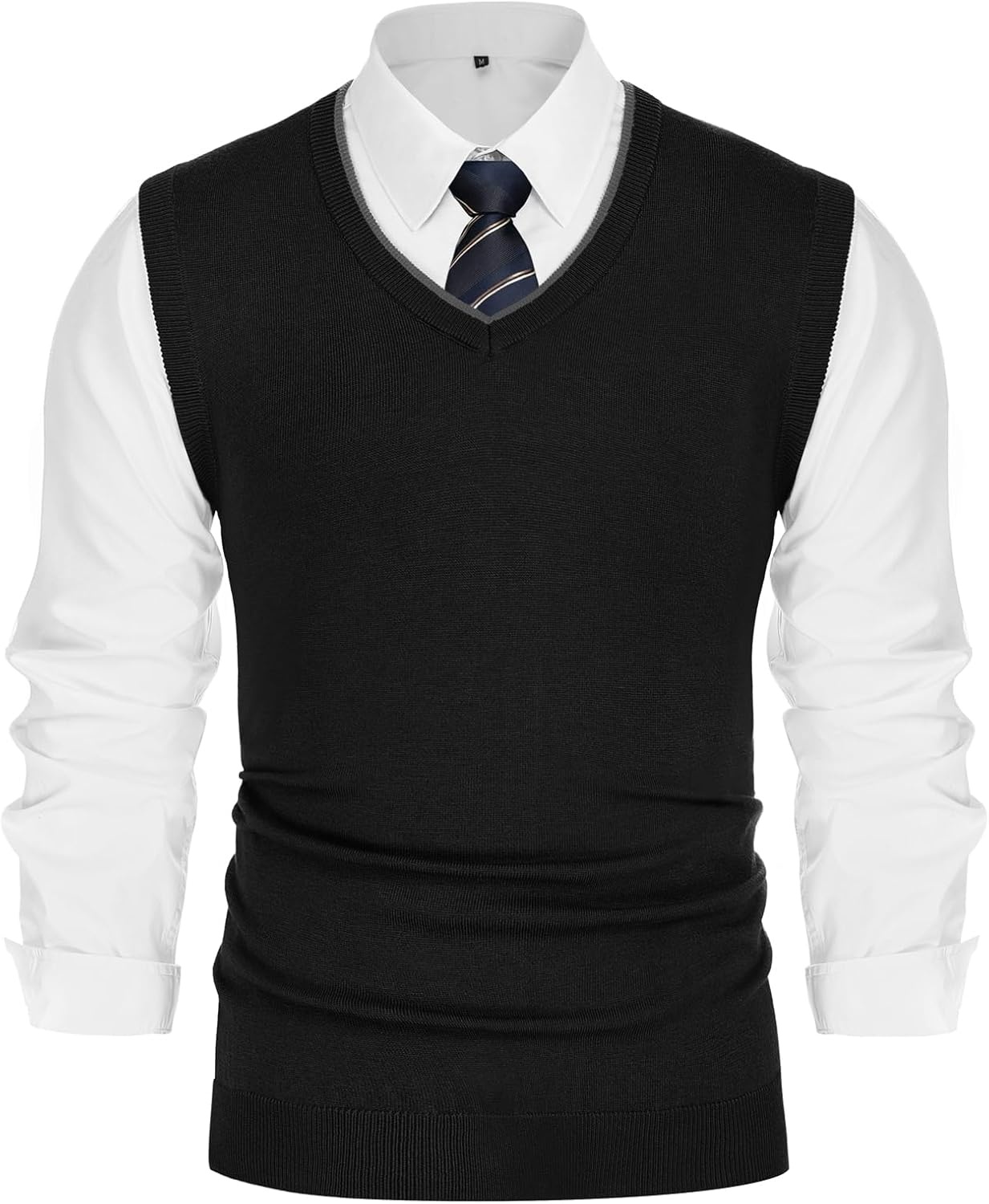image:imagePJ PAUL JONES Mens Sweater Vest Wool Blended Knit Pullover Vests Casual Contrast Vneck Collar Ribbed Hem Regular Fit Sleeveless Merino Solid Color Soft Cozy Basic Versatile DurableBlack