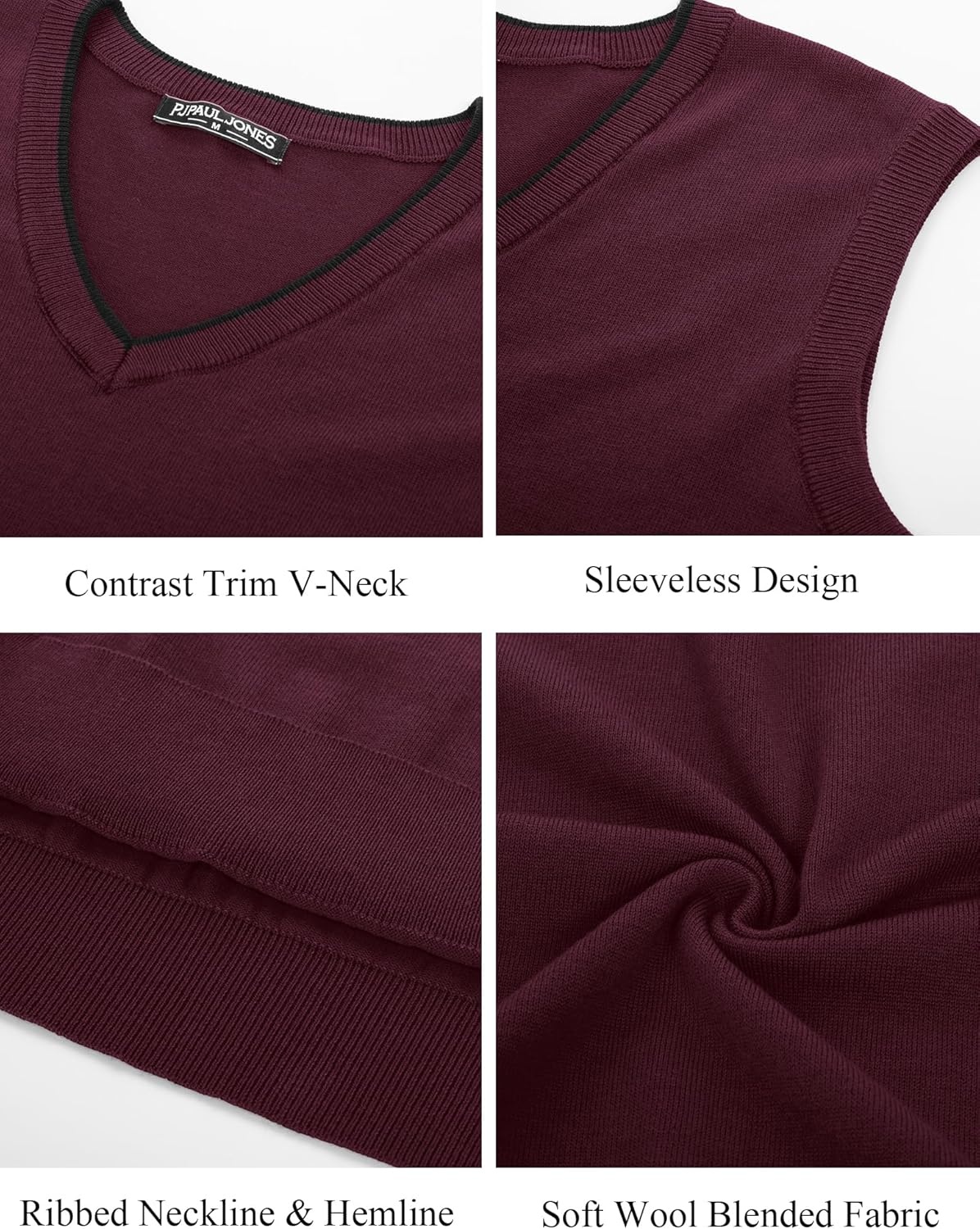 image:imagePJ PAUL JONES Mens Sweater Vest Wool Blended Knit Pullover Vests Casual Contrast Vneck Collar Ribbed Hem Regular Fit Sleeveless Merino Solid Color Soft Cozy Basic Versatile DurableBurgundy