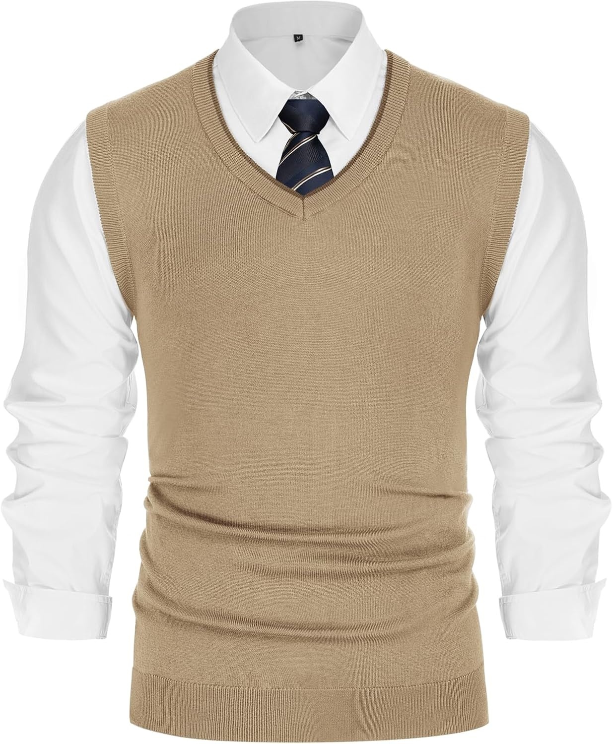 image:imagePJ PAUL JONES Mens Sweater Vest Wool Blended Knit Pullover Vests Casual Contrast Vneck Collar Ribbed Hem Regular Fit Sleeveless Merino Solid Color Soft Cozy Basic Versatile DurableLight Tan