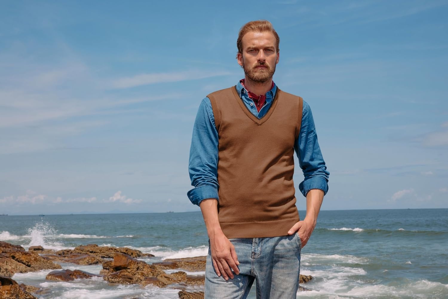 image:imagePJ PAUL JONES Mens Sweater Vest Wool Blended Knit Pullover Vests Casual Contrast Vneck Collar Ribbed Hem Regular Fit Sleeveless Merino Solid Color Soft Cozy Basic Versatile DurableBrown