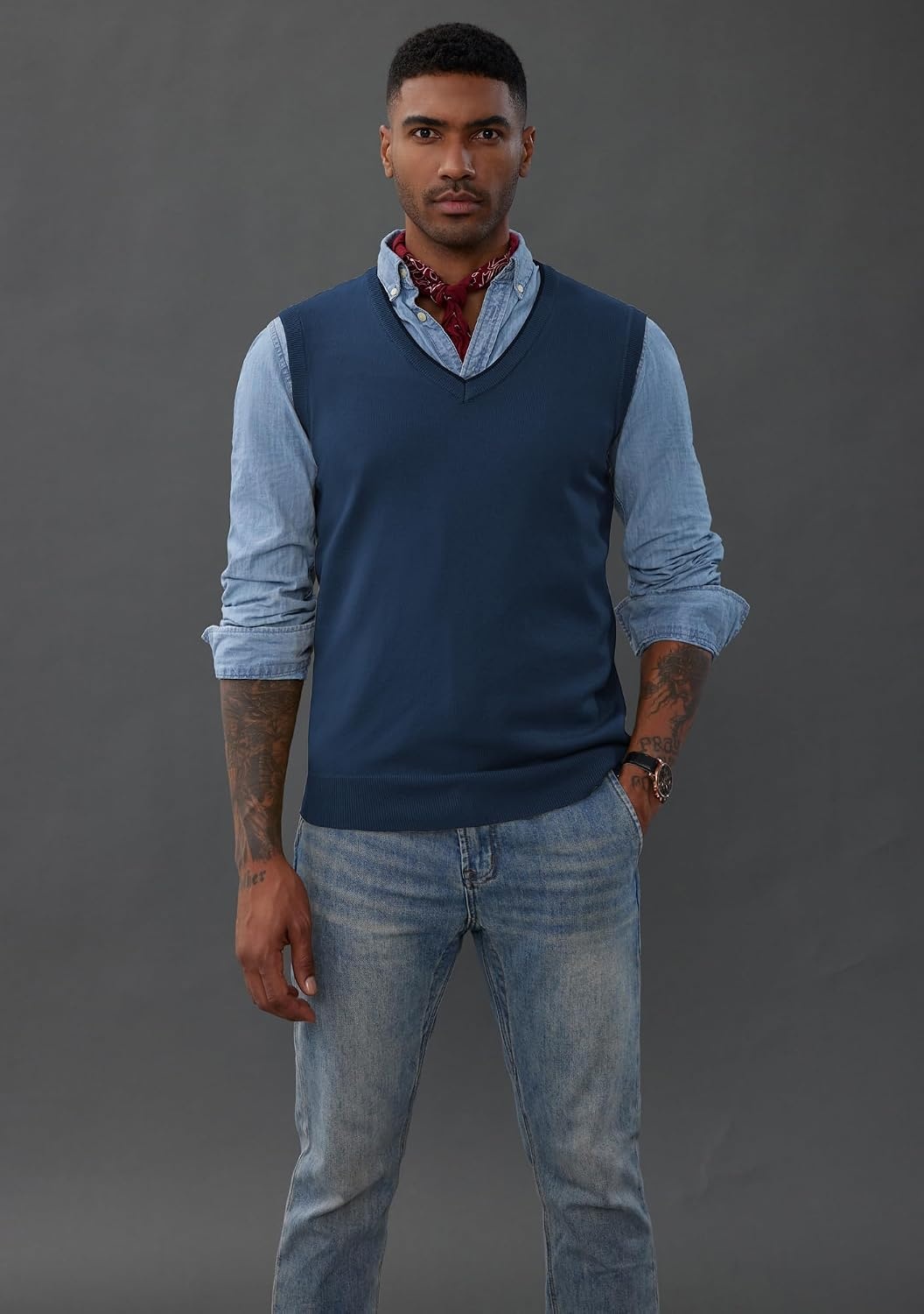 image:imagePJ PAUL JONES Mens Sweater Vest Wool Blended Knit Pullover Vests Casual Contrast Vneck Collar Ribbed Hem Regular Fit Sleeveless Merino Solid Color Soft Cozy Basic Versatile DurableDenim Blue