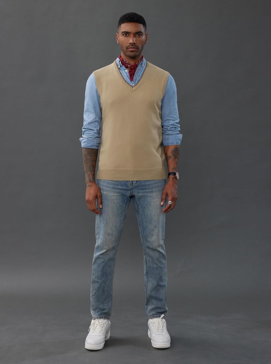 image:imagePJ PAUL JONES Mens Sweater Vest Wool Blended Knit Pullover Vests Casual Contrast Vneck Collar Ribbed Hem Regular Fit Sleeveless Merino Solid Color Soft Cozy Basic Versatile DurableLight Tan