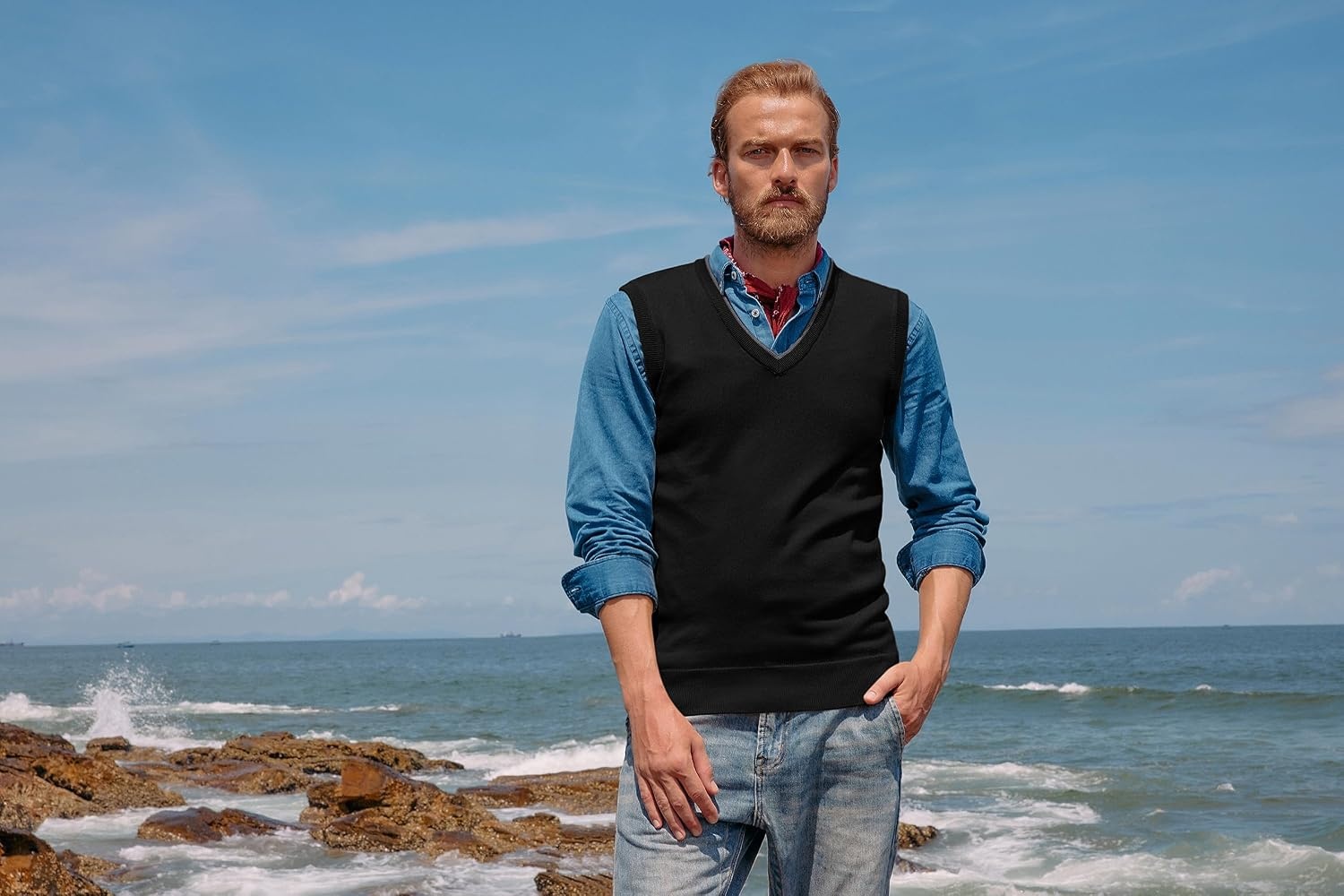 image:imagePJ PAUL JONES Mens Sweater Vest Wool Blended Knit Pullover Vests Casual Contrast Vneck Collar Ribbed Hem Regular Fit Sleeveless Merino Solid Color Soft Cozy Basic Versatile DurableBlack