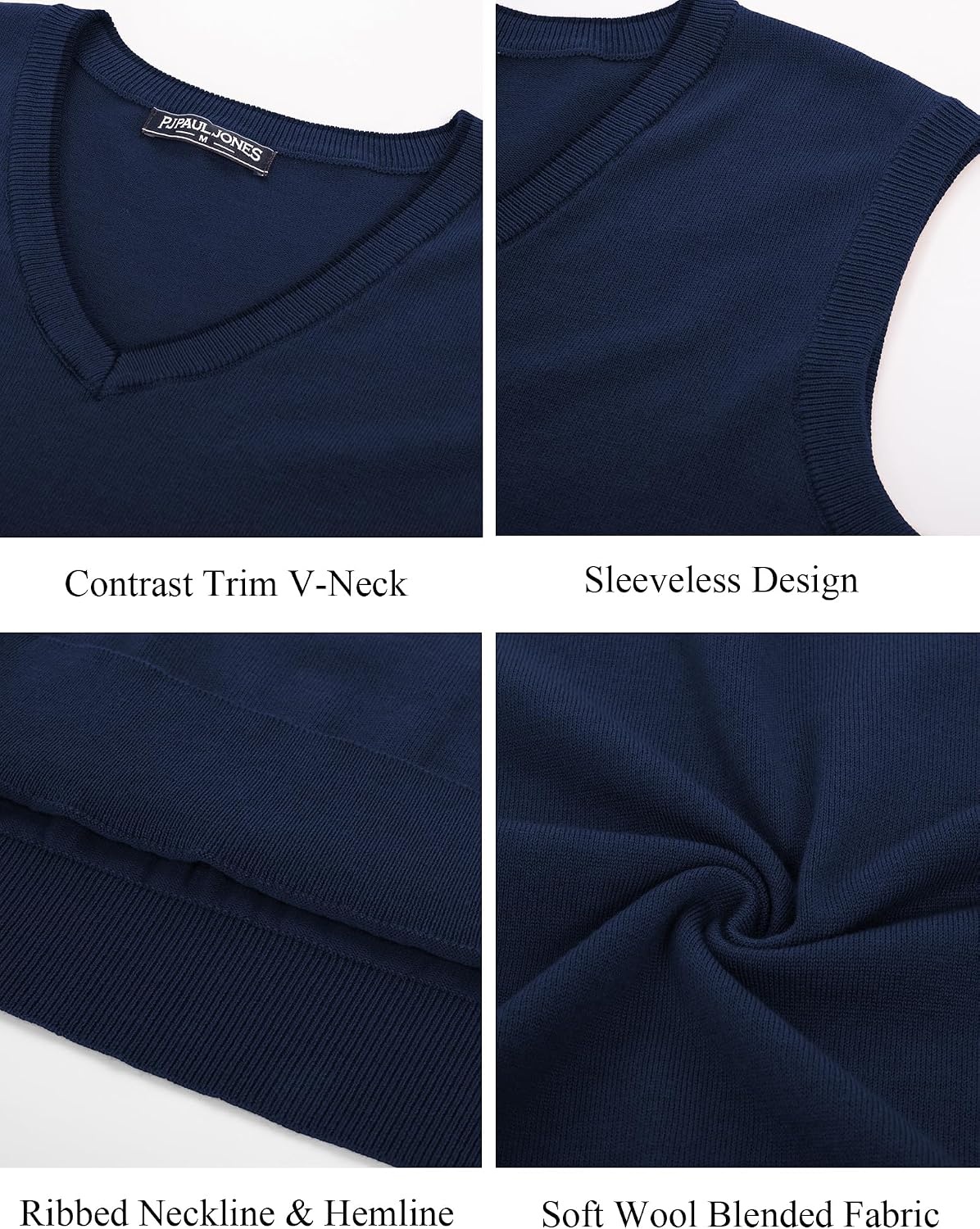 image:imagePJ PAUL JONES Mens Sweater Vest Wool Blended Knit Pullover Vests Casual Contrast Vneck Collar Ribbed Hem Regular Fit Sleeveless Merino Solid Color Soft Cozy Basic Versatile DurableNavy Blue