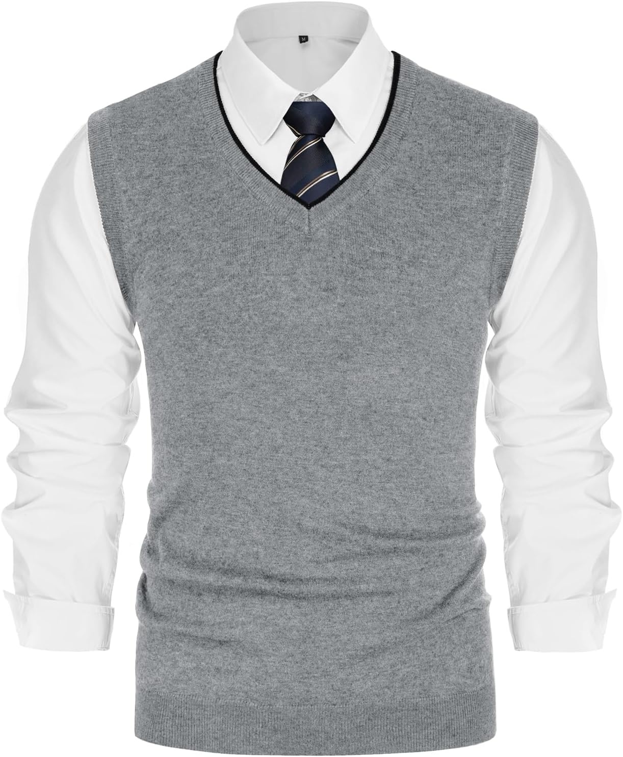 image:imagePJ PAUL JONES Mens Sweater Vest Wool Blended Knit Pullover Vests Casual Contrast Vneck Collar Ribbed Hem Regular Fit Sleeveless Merino Solid Color Soft Cozy Basic Versatile DurableLight Grey