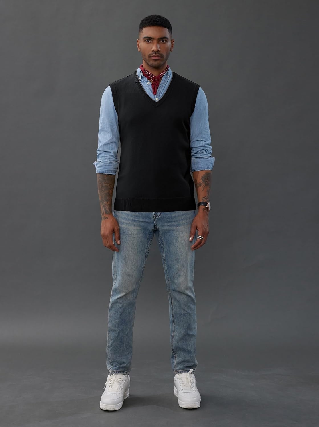 image:imagePJ PAUL JONES Mens Sweater Vest Wool Blended Knit Pullover Vests Casual Contrast Vneck Collar Ribbed Hem Regular Fit Sleeveless Merino Solid Color Soft Cozy Basic Versatile DurableBlack