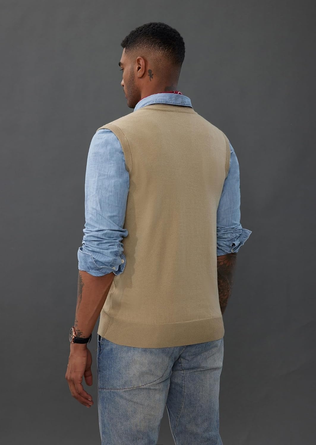 image:imagePJ PAUL JONES Mens Sweater Vest Wool Blended Knit Pullover Vests Casual Contrast Vneck Collar Ribbed Hem Regular Fit Sleeveless Merino Solid Color Soft Cozy Basic Versatile DurableLight Tan