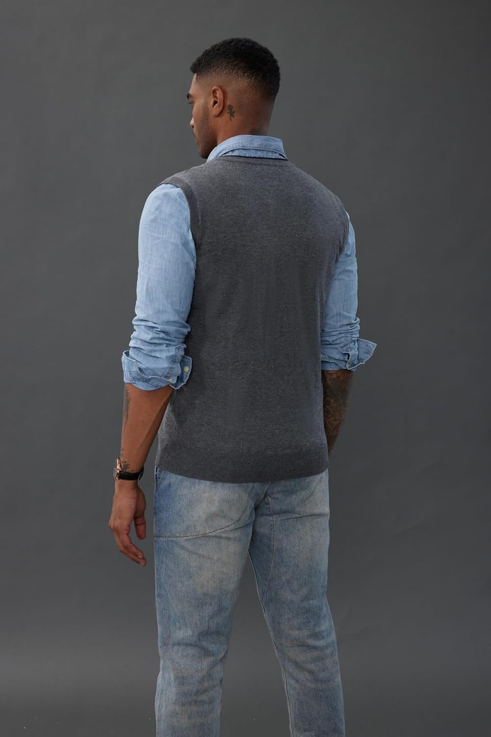 image:imagePJ PAUL JONES Mens Sweater Vest Wool Blended Knit Pullover Vests Casual Contrast Vneck Collar Ribbed Hem Regular Fit Sleeveless Merino Solid Color Soft Cozy Basic Versatile DurableDark Gray