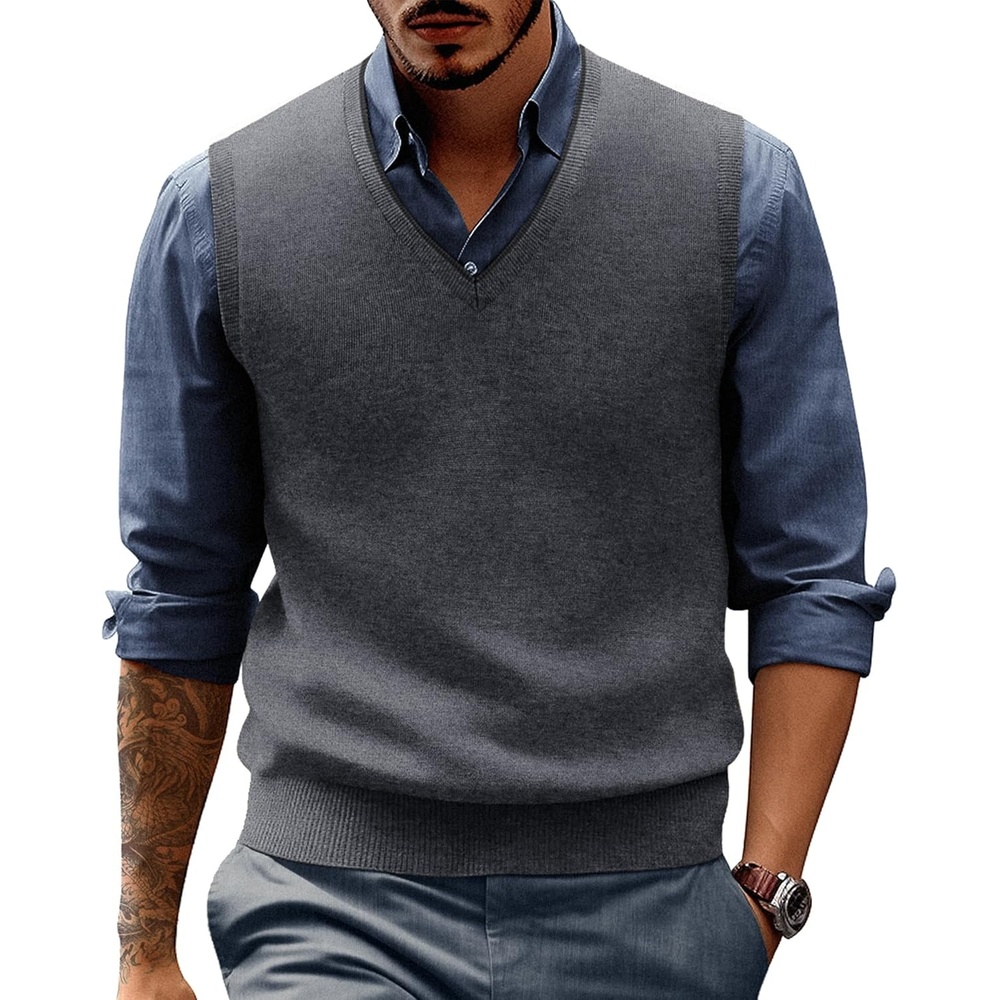 image:imagePJ PAUL JONES Mens Sweater Vest Wool Blended Knit Pullover Vests Casual Contrast Vneck Collar Ribbed Hem Regular Fit Sleeveless Merino Solid Color Soft Cozy Basic Versatile DurableDark Gray
