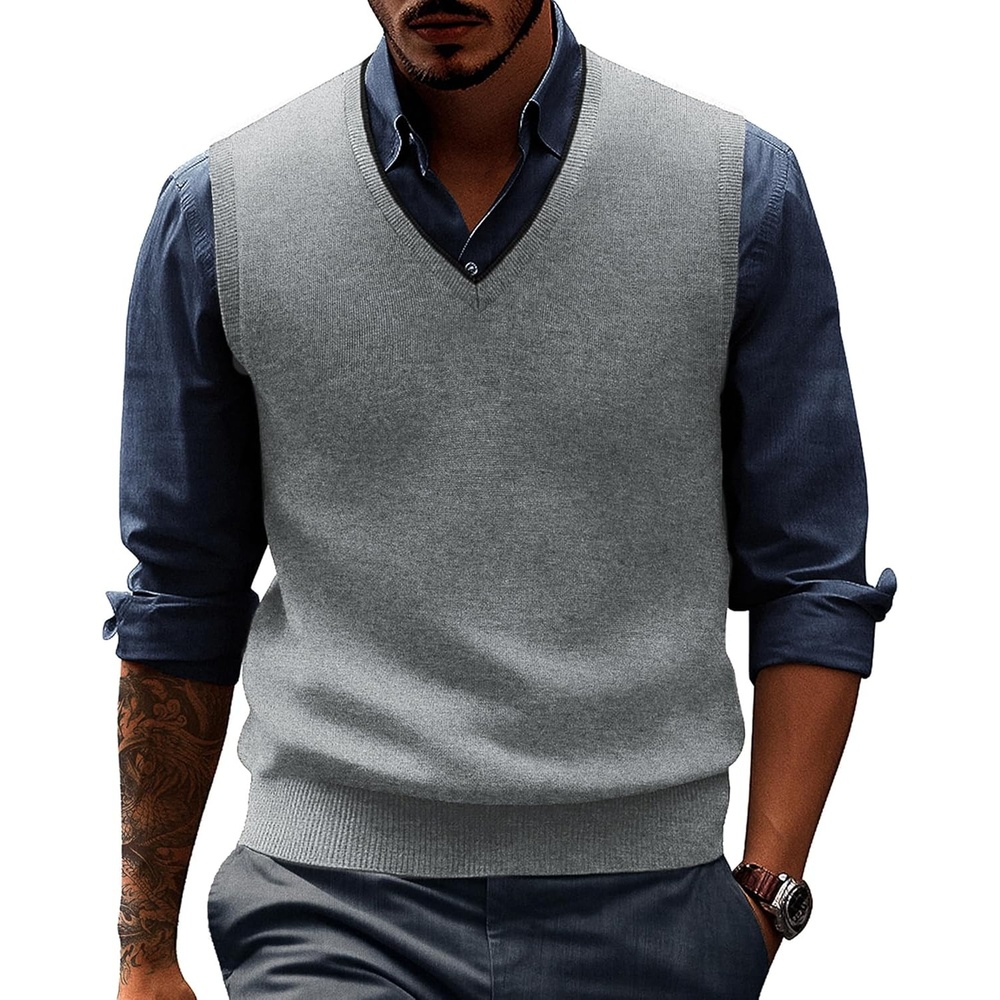 image:imagePJ PAUL JONES Mens Sweater Vest Wool Blended Knit Pullover Vests Casual Contrast Vneck Collar Ribbed Hem Regular Fit Sleeveless Merino Solid Color Soft Cozy Basic Versatile DurableLight Grey