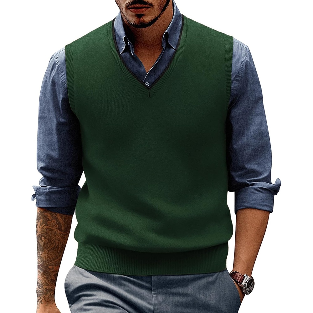 image:imagePJ PAUL JONES Mens Sweater Vest Wool Blended Knit Pullover Vests Casual Contrast Vneck Collar Ribbed Hem Regular Fit Sleeveless Merino Solid Color Soft Cozy Basic Versatile DurableGreen