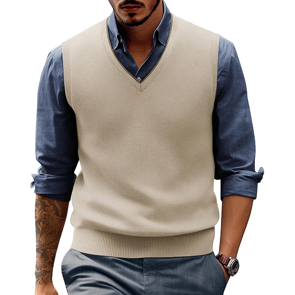 image:imagePJ PAUL JONES Mens Sweater Vest Wool Blended Knit Pullover Vests Casual Contrast Vneck Collar Ribbed Hem Regular Fit Sleeveless Merino Solid Color Soft Cozy Basic Versatile DurableApricot