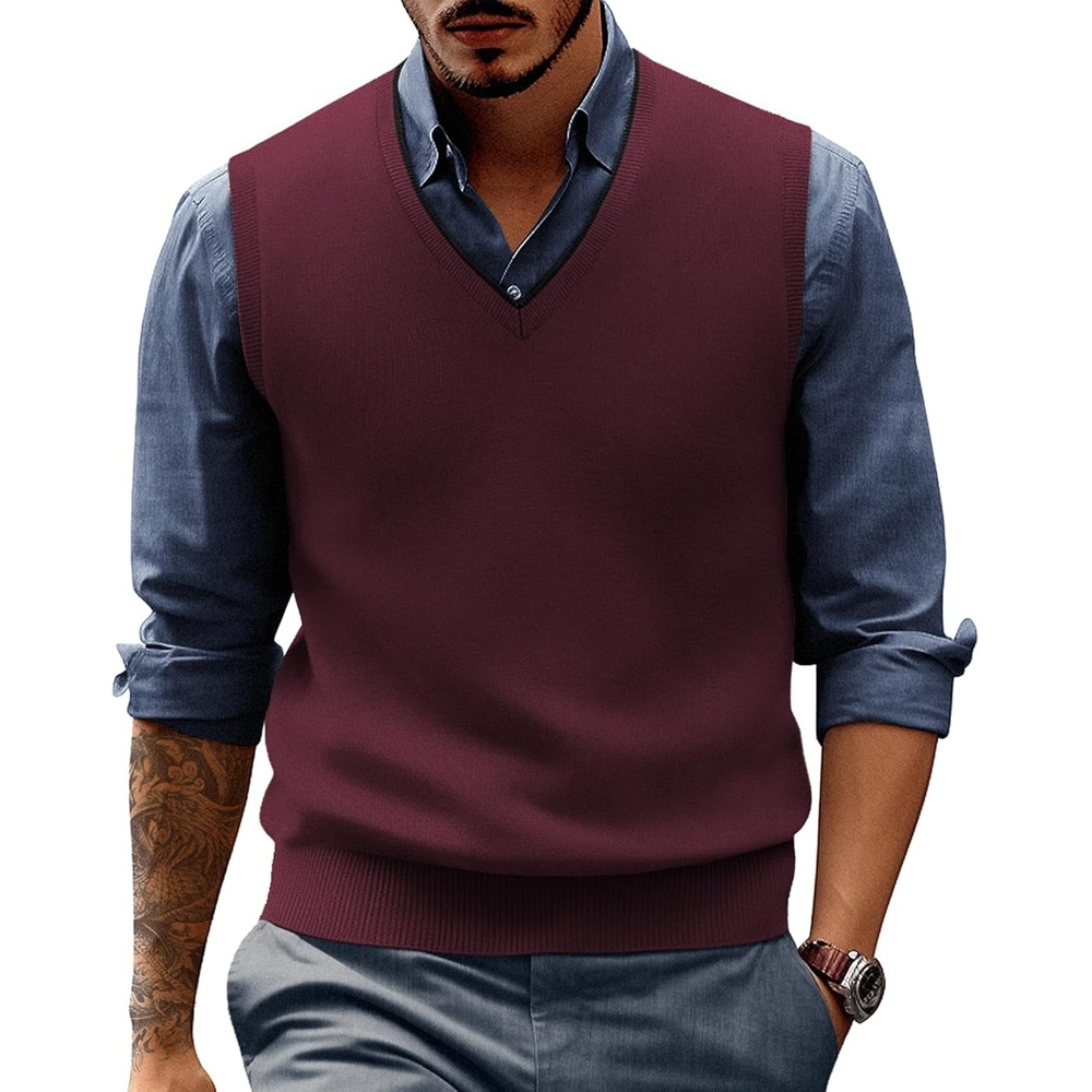 image:imagePJ PAUL JONES Mens Sweater Vest Wool Blended Knit Pullover Vests Casual Contrast Vneck Collar Ribbed Hem Regular Fit Sleeveless Merino Solid Color Soft Cozy Basic Versatile DurableBurgundy