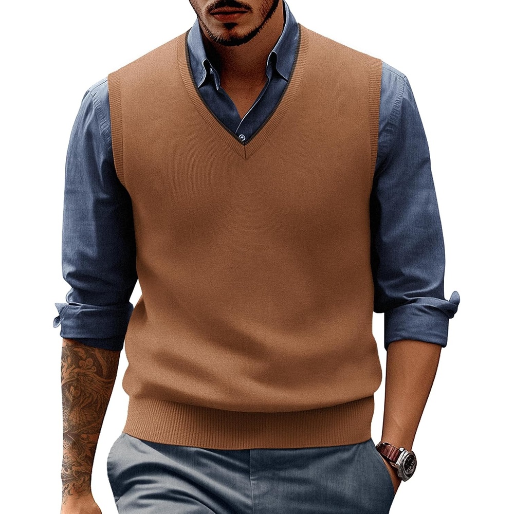 image:imagePJ PAUL JONES Mens Sweater Vest Wool Blended Knit Pullover Vests Casual Contrast Vneck Collar Ribbed Hem Regular Fit Sleeveless Merino Solid Color Soft Cozy Basic Versatile DurableBrown