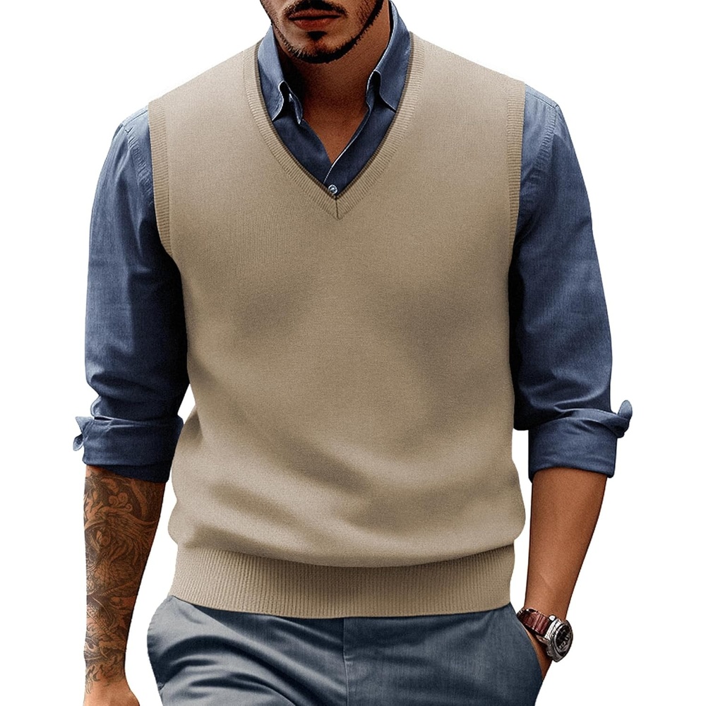 image:imagePJ PAUL JONES Mens Sweater Vest Wool Blended Knit Pullover Vests Casual Contrast Vneck Collar Ribbed Hem Regular Fit Sleeveless Merino Solid Color Soft Cozy Basic Versatile DurableLight Tan