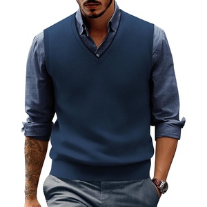 PJ PAUL JONES Mens Sweater Vest Wool Blended Knit Pullover Vests Casual | Contrast V-neck Collar, Ribbed Hem, Regular Fit, Sleeveless, Merino, Solid Color, Soft, Cozy, Basic, Versatile, Durable(Denim Blue)