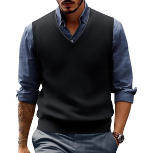 PJ PAUL JONES Mens Sweater Vest Wool Blended Knit Pullover Vests Casual | Contrast V-neck Collar, Ribbed Hem, Regular Fit, Sleeveless, Merino, Solid Color, Soft, Cozy, Basic, Versatile, Durable(Black)