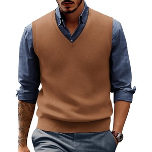 PJ PAUL JONES Mens Sweater Vest Wool Blended Knit Pullover Vests Casual | Contrast V-neck Collar, Ribbed Hem, Regular Fit, Sleeveless, Merino, Solid Color, Soft, Cozy, Basic, Versatile, Durable(Brown)
