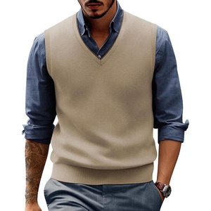PJ PAUL JONES Mens Sweater Vest Wool Blended Knit Pullover Vests Casual | Contrast V-neck Collar, Ribbed Hem, Regular Fit, Sleeveless, Merino, Solid Color, Soft, Cozy, Basic, Versatile, Durable(Light Tan)