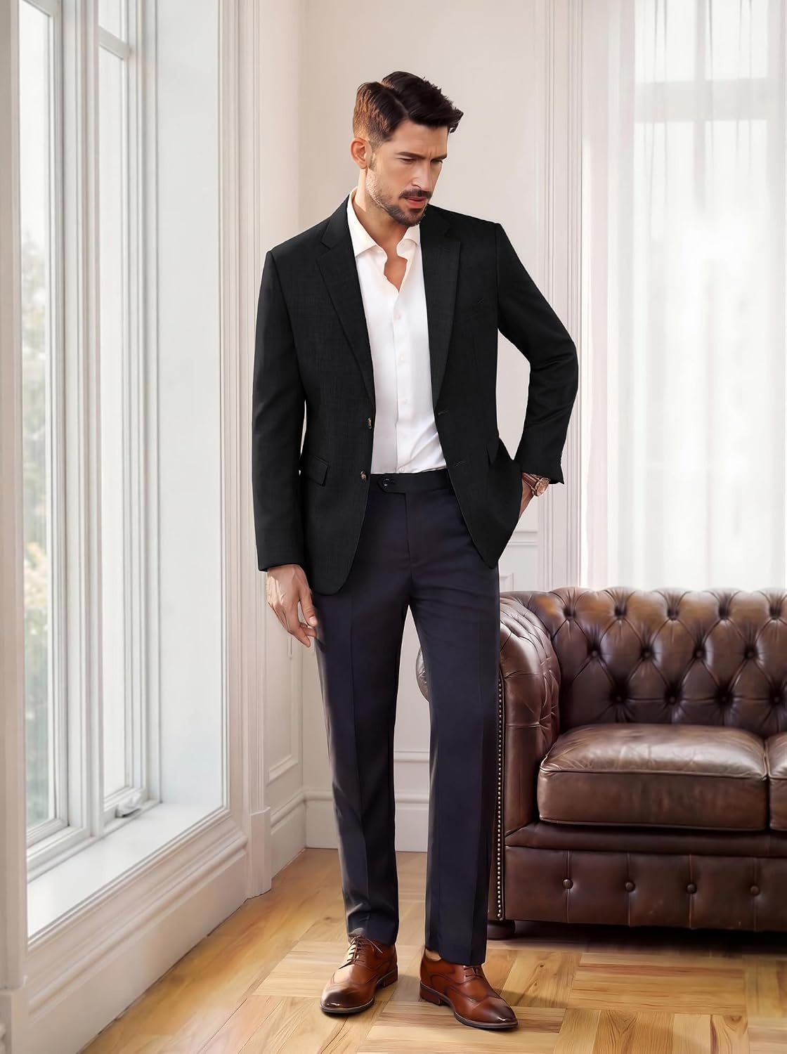 image:imagePJ PAUL JONES Blazer for Men Wool Blend Lightweight Herringbone Sport Coat Slim Fit Business Suit JacketsBlack