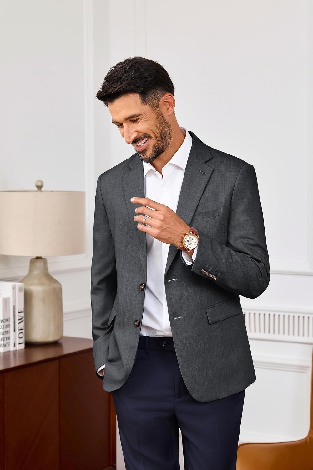 image:imagePJ PAUL JONES Blazer for Men Wool Blend Lightweight Herringbone Sport Coat Slim Fit Business Suit JacketsDark Grey