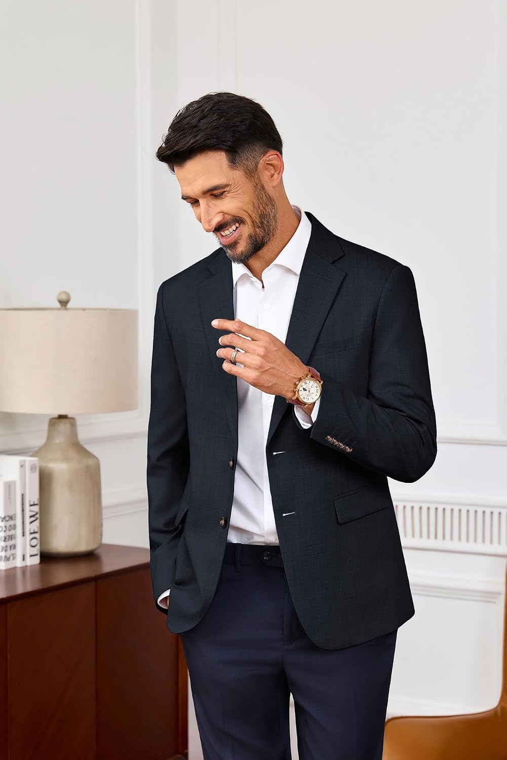 image:imagePJ PAUL JONES Blazer for Men Wool Blend Lightweight Herringbone Sport Coat Slim Fit Business Suit JacketsNavy Blue