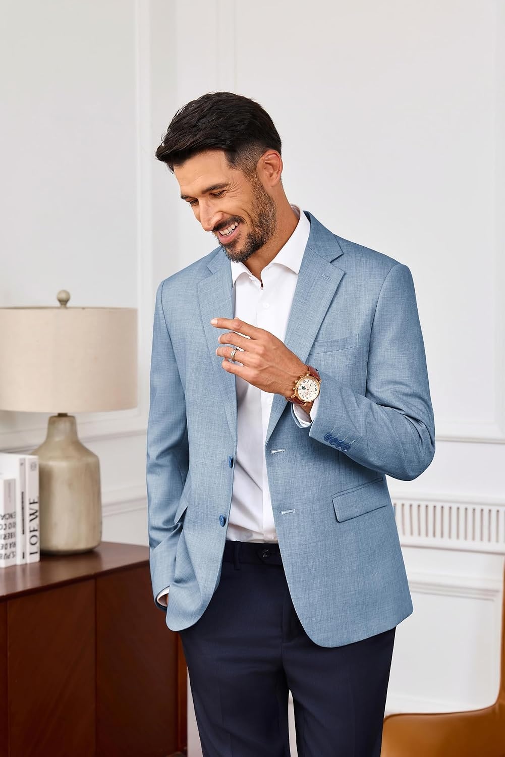 image:imagePJ PAUL JONES Blazer for Men Wool Blend Lightweight Herringbone Sport Coat Slim Fit Business Suit JacketsSky Blue