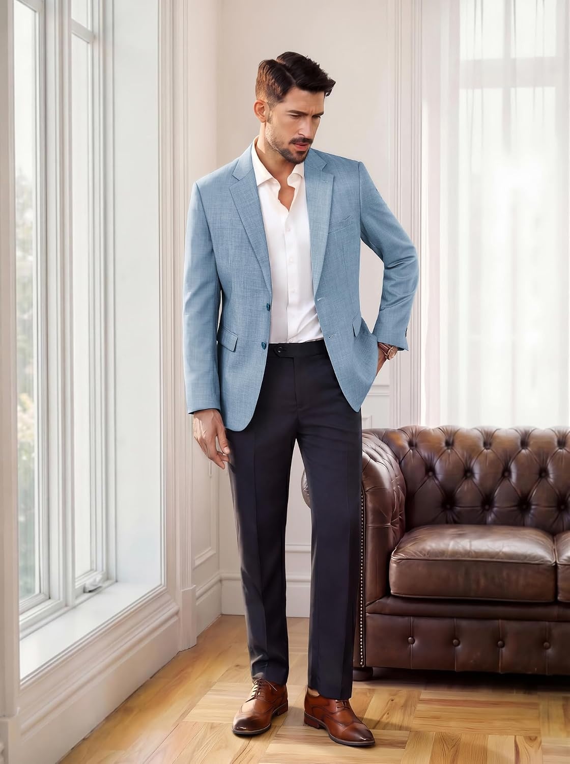 image:imagePJ PAUL JONES Blazer for Men Wool Blend Lightweight Herringbone Sport Coat Slim Fit Business Suit JacketsSky Blue