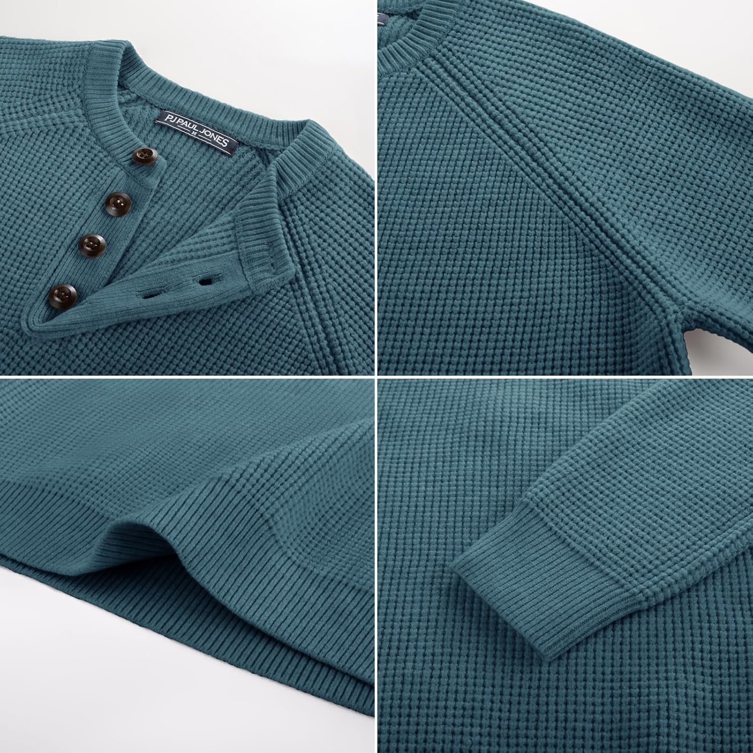 image:imagePJ Jones Mens Sweaters Casual Waffle Pullover Sweater Button Crewneck Textured Knit Henley SweatersAqua Green