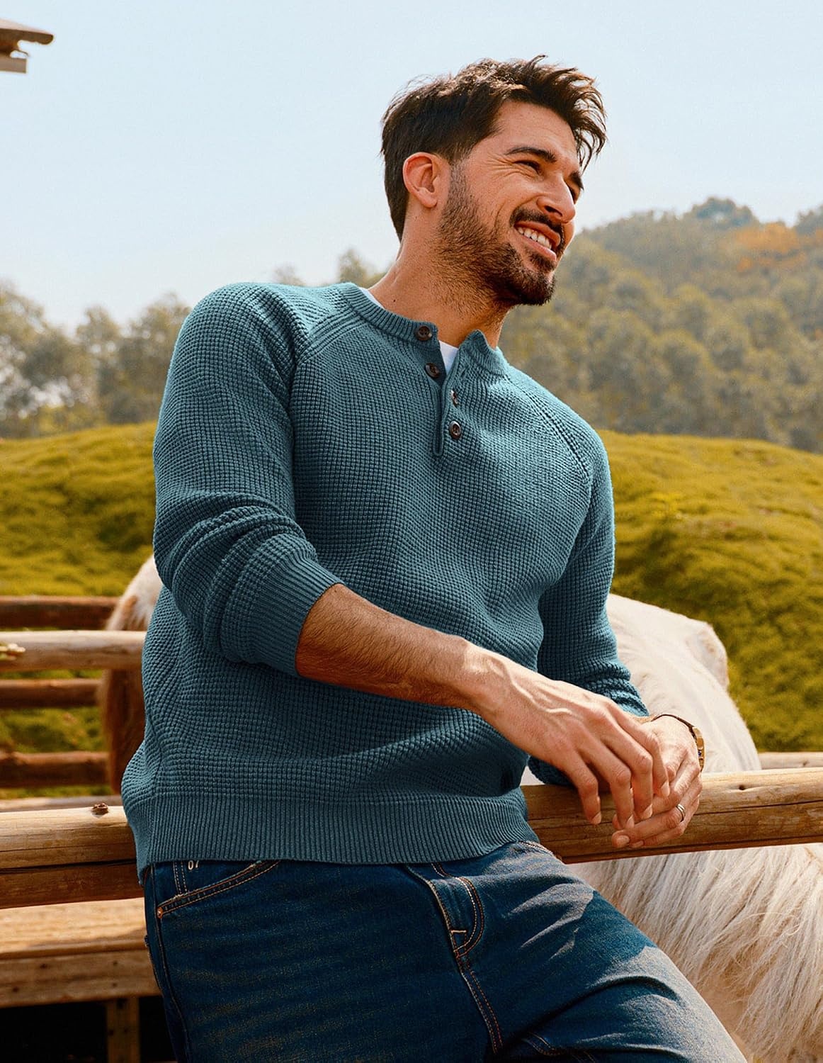 image:imagePJ Jones Mens Sweaters Casual Waffle Pullover Sweater Button Crewneck Textured Knit Henley SweatersAqua Green