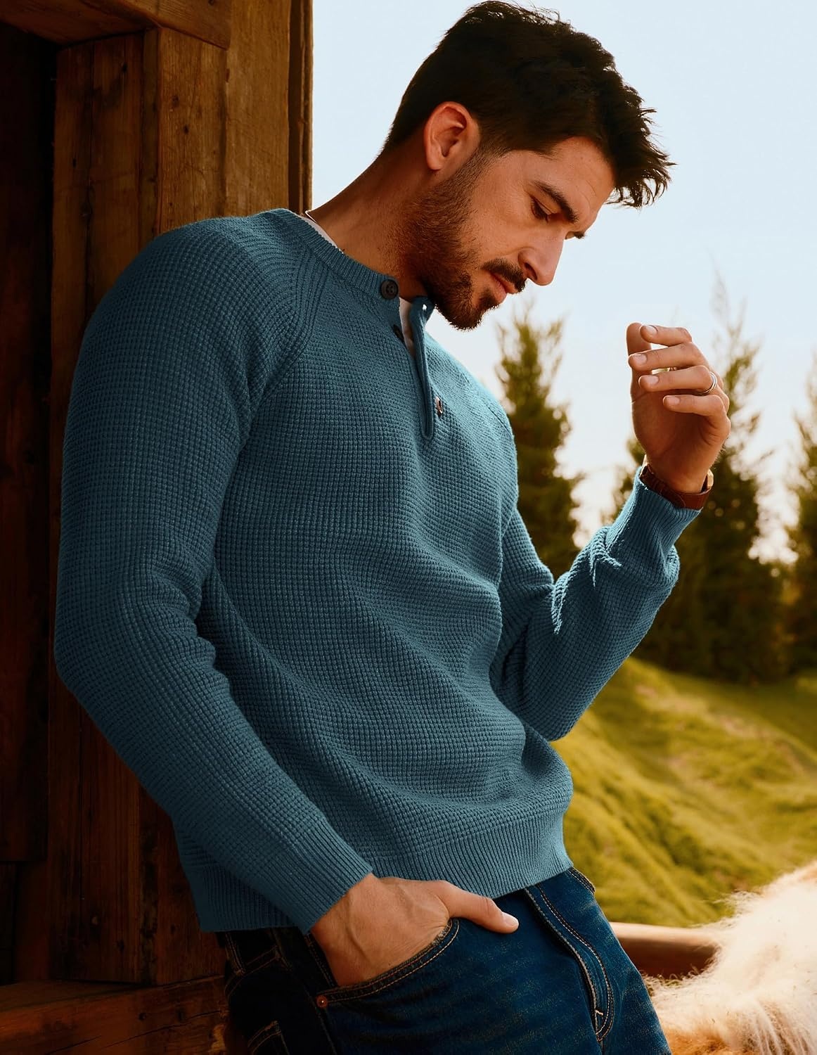 image:imagePJ Jones Mens Sweaters Casual Waffle Pullover Sweater Button Crewneck Textured Knit Henley SweatersAqua Green