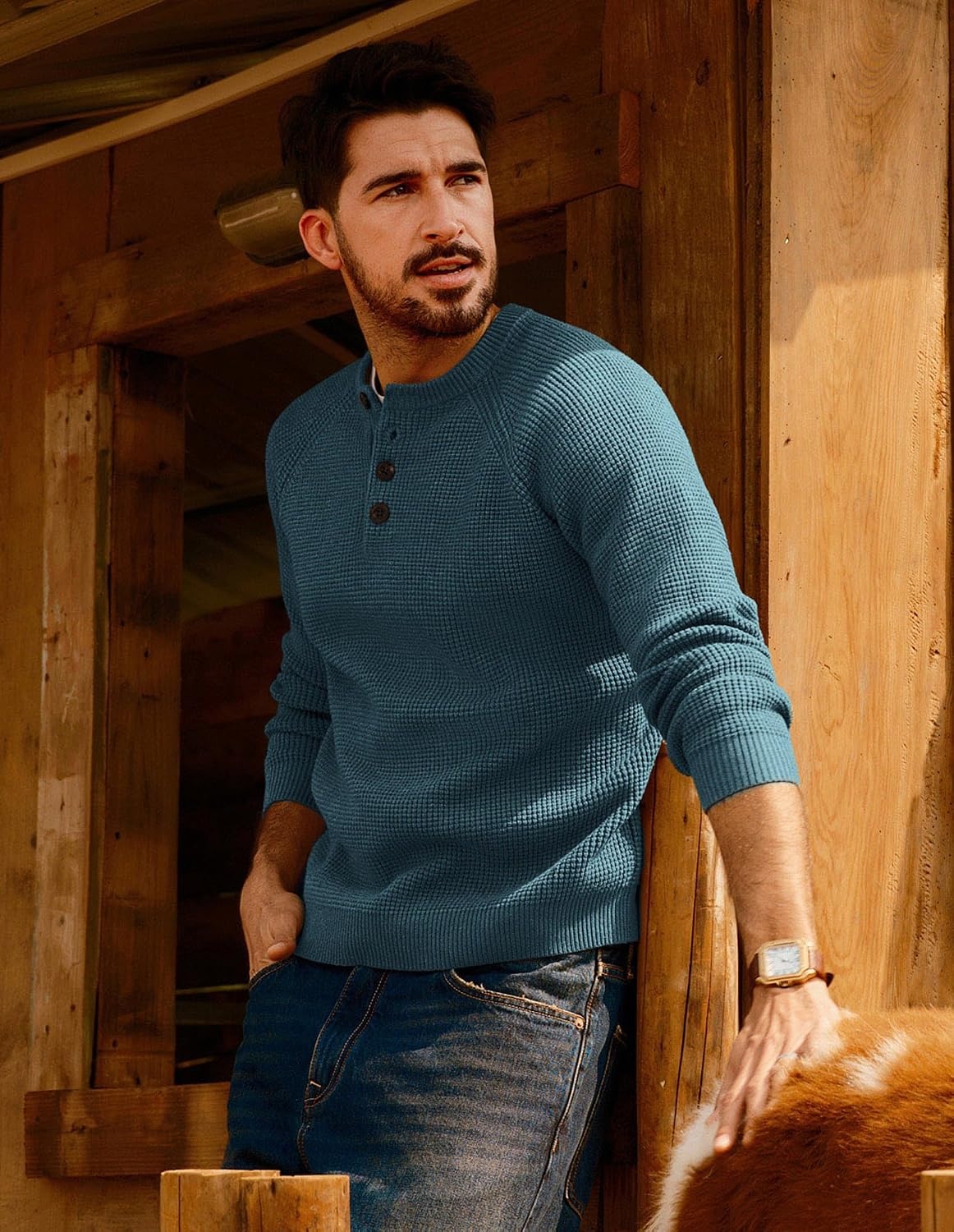 image:imagePJ Jones Mens Sweaters Casual Waffle Pullover Sweater Button Crewneck Textured Knit Henley SweatersAqua Green
