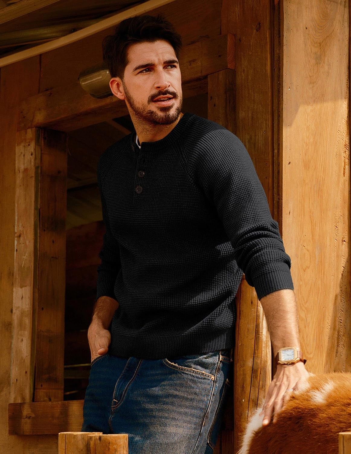 image:imagePJ Jones Mens Sweaters Casual Waffle Pullover Sweater Button Crewneck Textured Knit Henley SweatersBlack