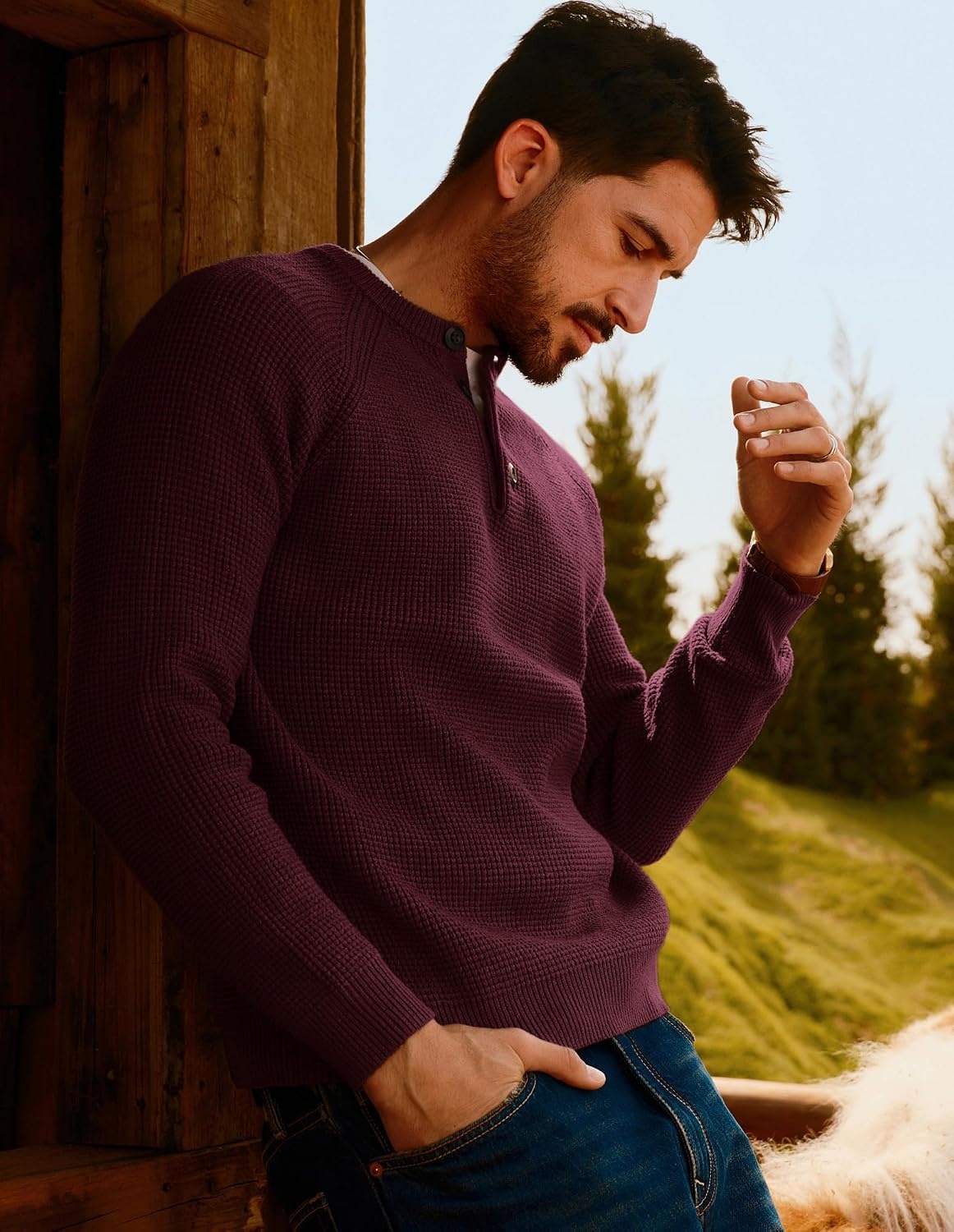 image:imagePJ Jones Mens Sweaters Casual Waffle Pullover Sweater Button Crewneck Textured Knit Henley SweatersBurgundy