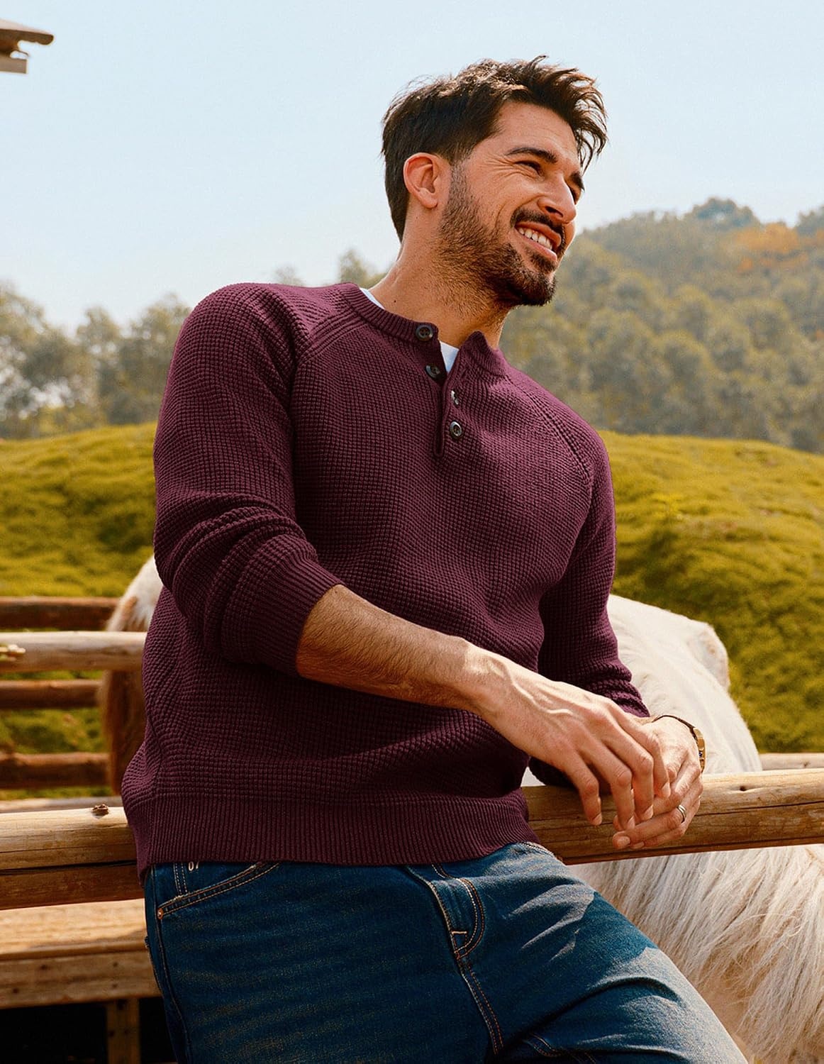 image:imagePJ Jones Mens Sweaters Casual Waffle Pullover Sweater Button Crewneck Textured Knit Henley SweatersBurgundy
