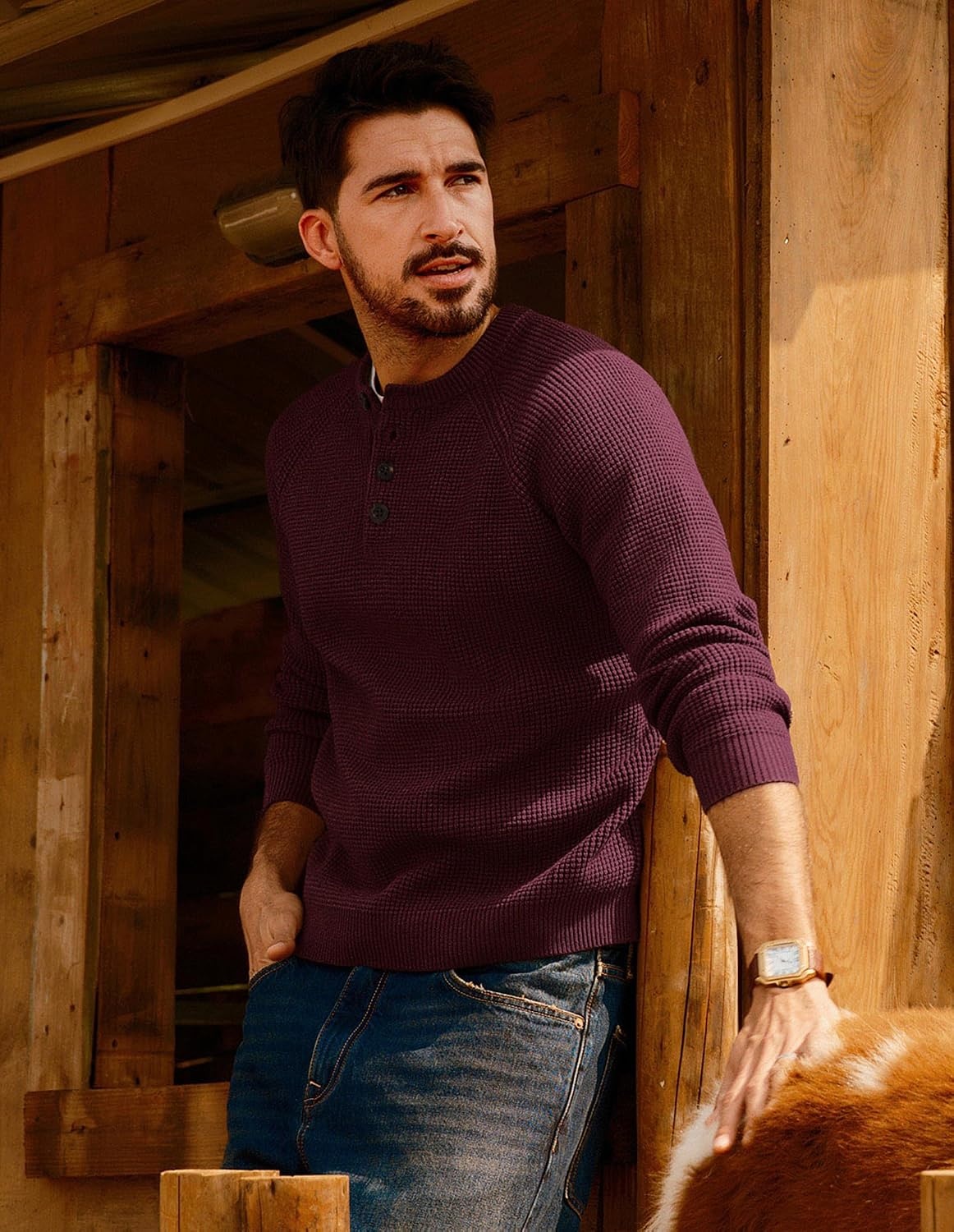 image:imagePJ Jones Mens Sweaters Casual Waffle Pullover Sweater Button Crewneck Textured Knit Henley SweatersBurgundy