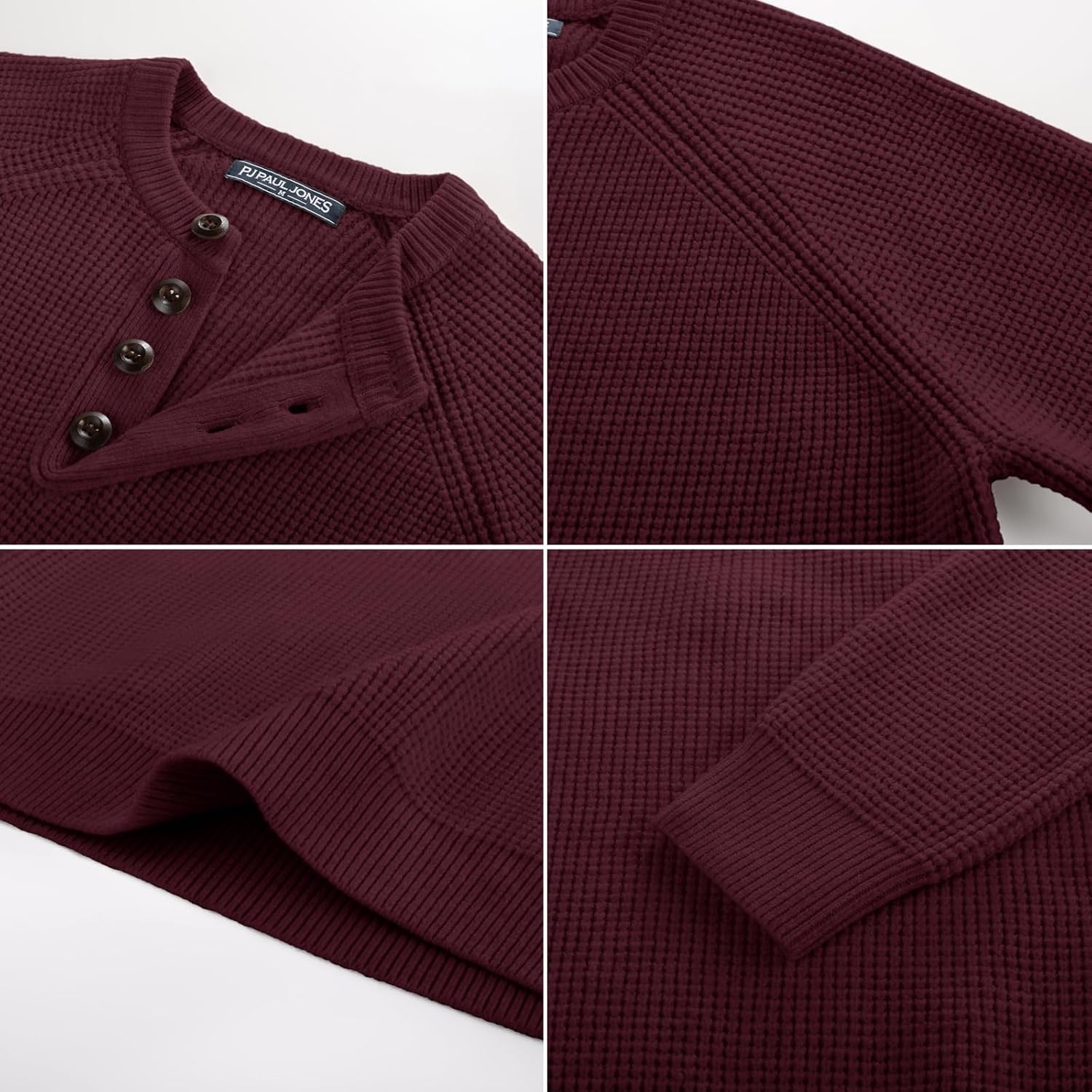 image:imagePJ Jones Mens Sweaters Casual Waffle Pullover Sweater Button Crewneck Textured Knit Henley SweatersBurgundy